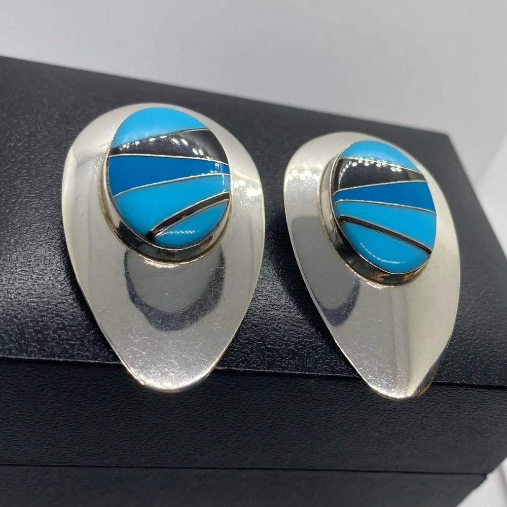 Sterling Silver Block Multi Stone Inlay Post Earrings SIGNED turquoise Navajo - Picture 4 of 16
